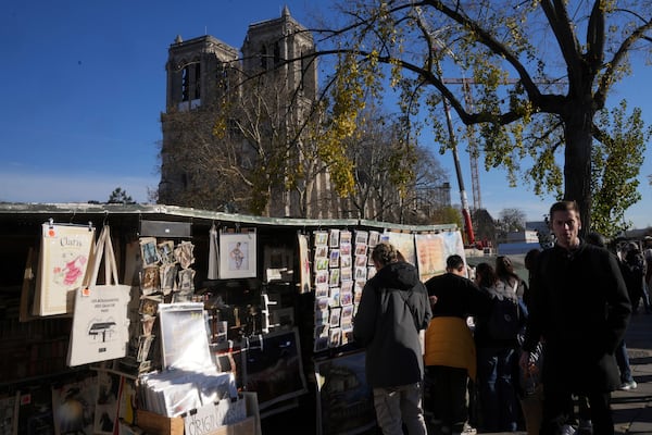 People stroll by book sellers in front of Notre-Dame cathedral, Thursday, Nov. 28, 2024 in Paris. (AP Photo/Michel Euler)