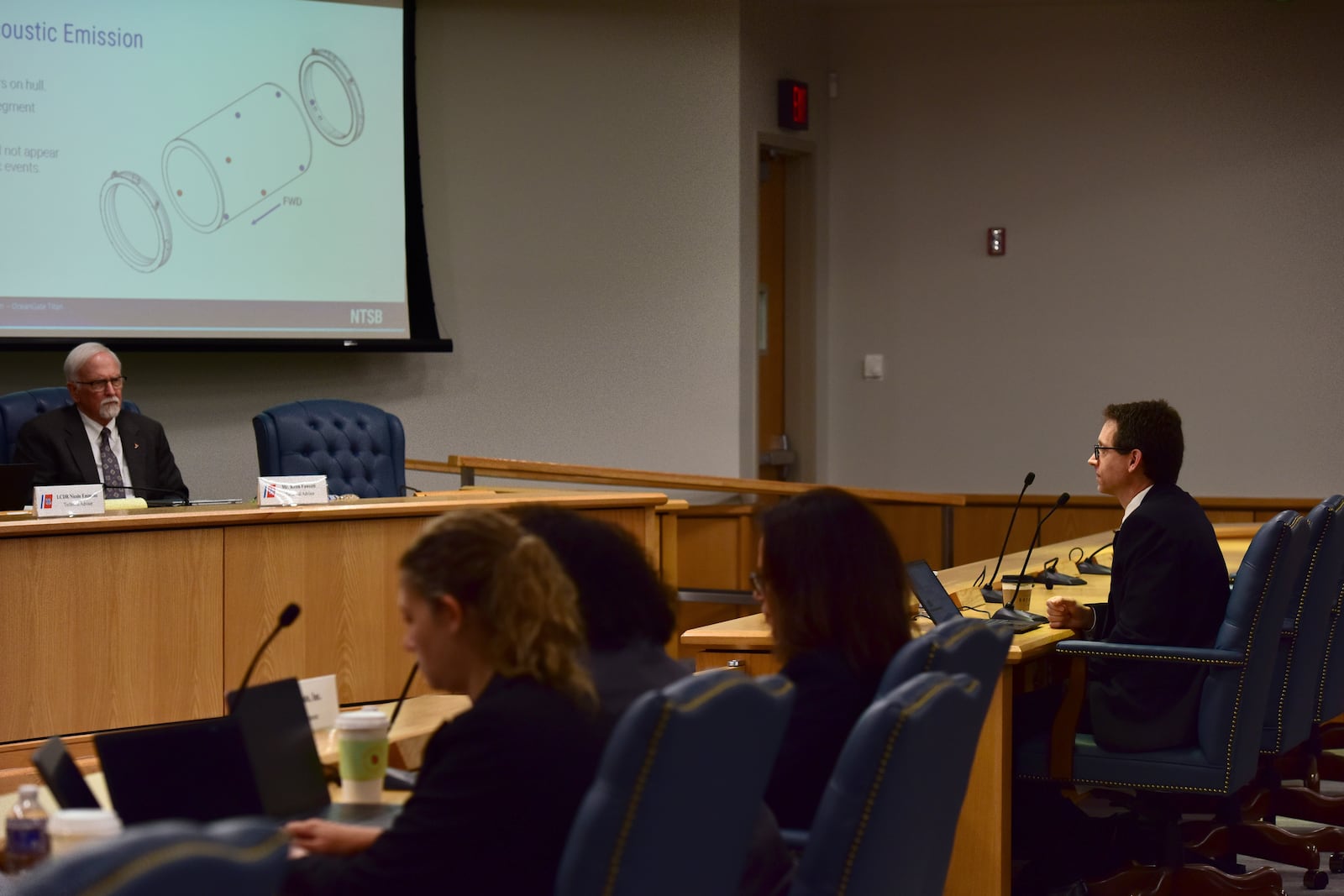 Don Kramer, National Transportation Safety Board engineer, right, testifies Wednesday, Sept. 25, 2024, at the U.S. Coast Guard Marine Board of Investigation hearing into the June 2023 loss of the Titan submersible, in North Charleston, S.C. (Petty Officer 2nd Class Kate Kilroy/U.S. Coast Guard via AP, Pool)