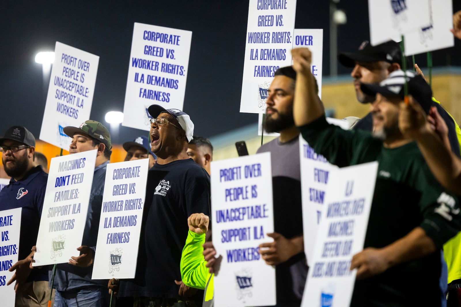 Longshoremen strike at midnight at Bayport Terminal on Tuesday, Oct. 1, 2024, in Houston. (AP Photo/Annie Mulligan)