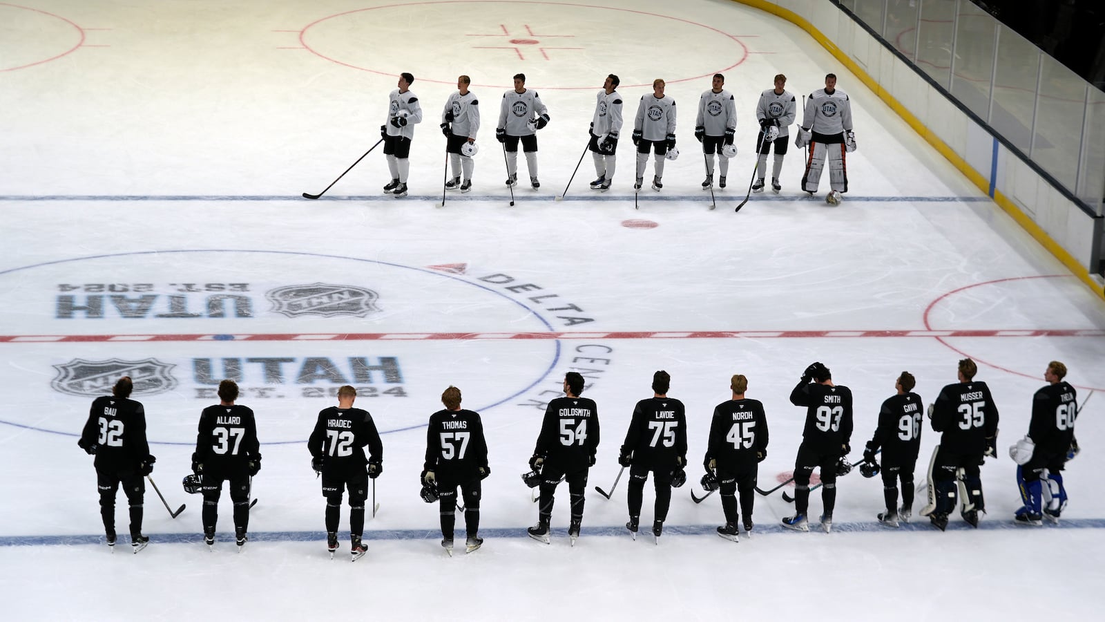 FILE - The Utah Hockey Club development camp intrasquad is introduced before their scrimmage at the Delta Center, Friday, July 5, 2024, in Salt Lake City. (AP Photo/Rick Bowmer, File)