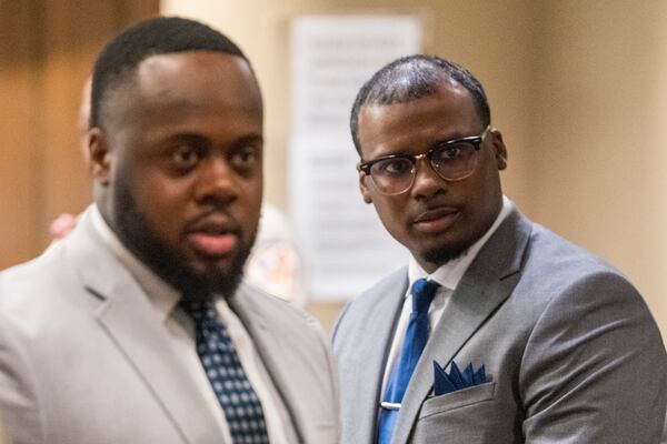 Former Memphis Police Department officers Tadarrius Bean and Justin Smith Jr. look towards the audience in a recess after attorneys argued motions before the state criminal trial for the death of Tyre Nichols at 201 Poplar in Memphis, Tenn., on Monday, April 28, 2025. (Chris Day/Commercial Appeal/USA Today Network, via AP, Pool)