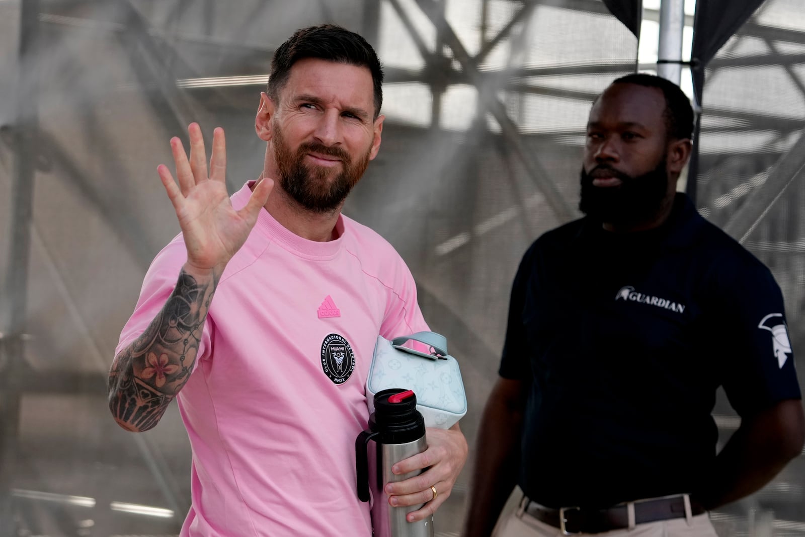 Inter Miami forward Lionel Messi arrives for an MLS soccer match against the New England Revolution, Saturday, Oct. 19, 2024, in Fort Lauderdale, Fla. (AP Photo/Lynne Sladky)