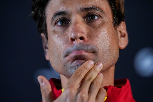 David Ferrer, captain of Team Spain, attends a press conference in Fuengirola, southern Spain, on Monday, Nov. 18, 2024. (AP Photo/Manu Fernandez)