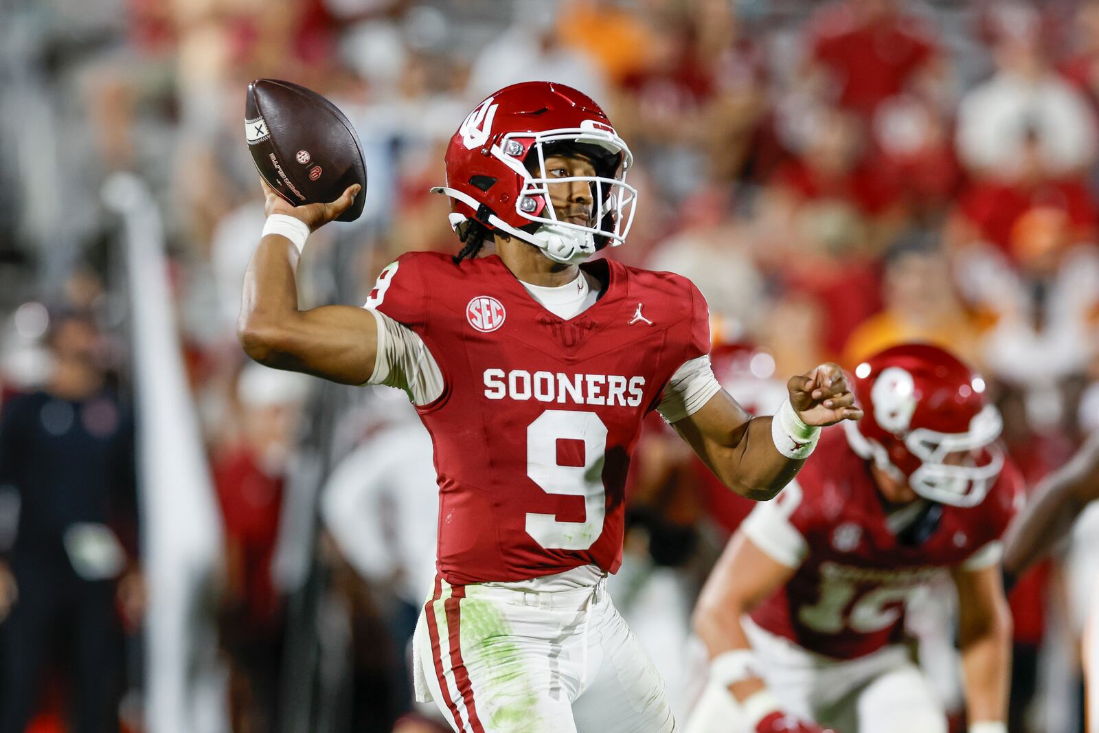 Oklahoma quarterback Michael Hawkins Jr. (9) passes against Tennessee during the second of an NCAA college football game Saturday, Sept. 21, 2024, in Norman, Okla. (AP Photo/Alonzo Adams)