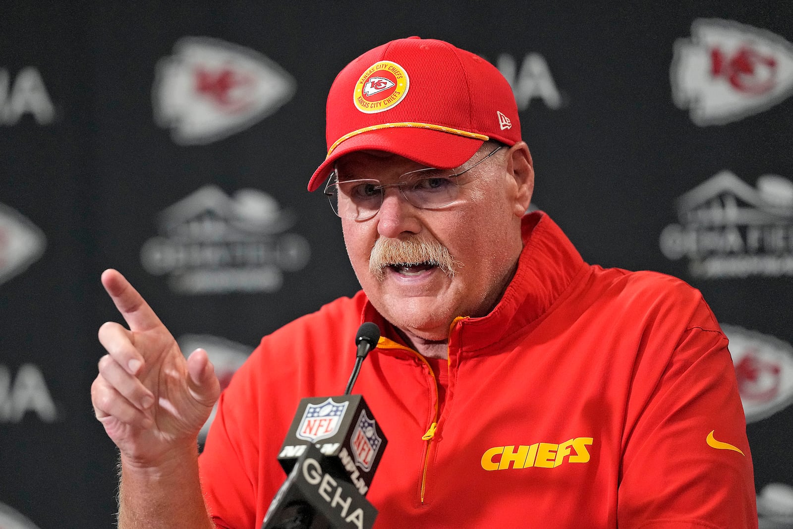 Kansas City Chiefs head coach Andy Reid talks to the media after an NFL football game against the Cincinnati Bengals Sunday, Sept. 15, 2024, in Kansas City, Mo. The Chiefs won 26-25. (AP Photo/Charlie Riedel)