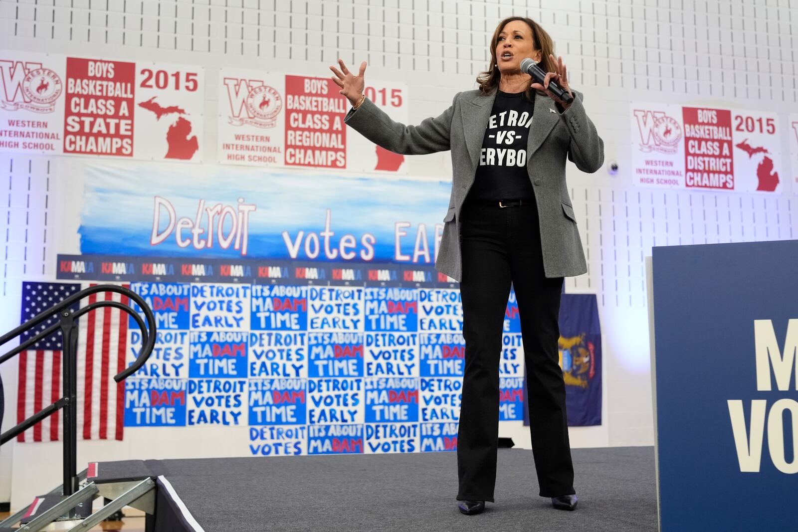 Democratic presidential nominee Vice President Kamala Harris speaks during a campaign event at Western International High School in Detroit, Saturday, Oct. 19, 2024. (AP Photo/Jacquelyn Martin)