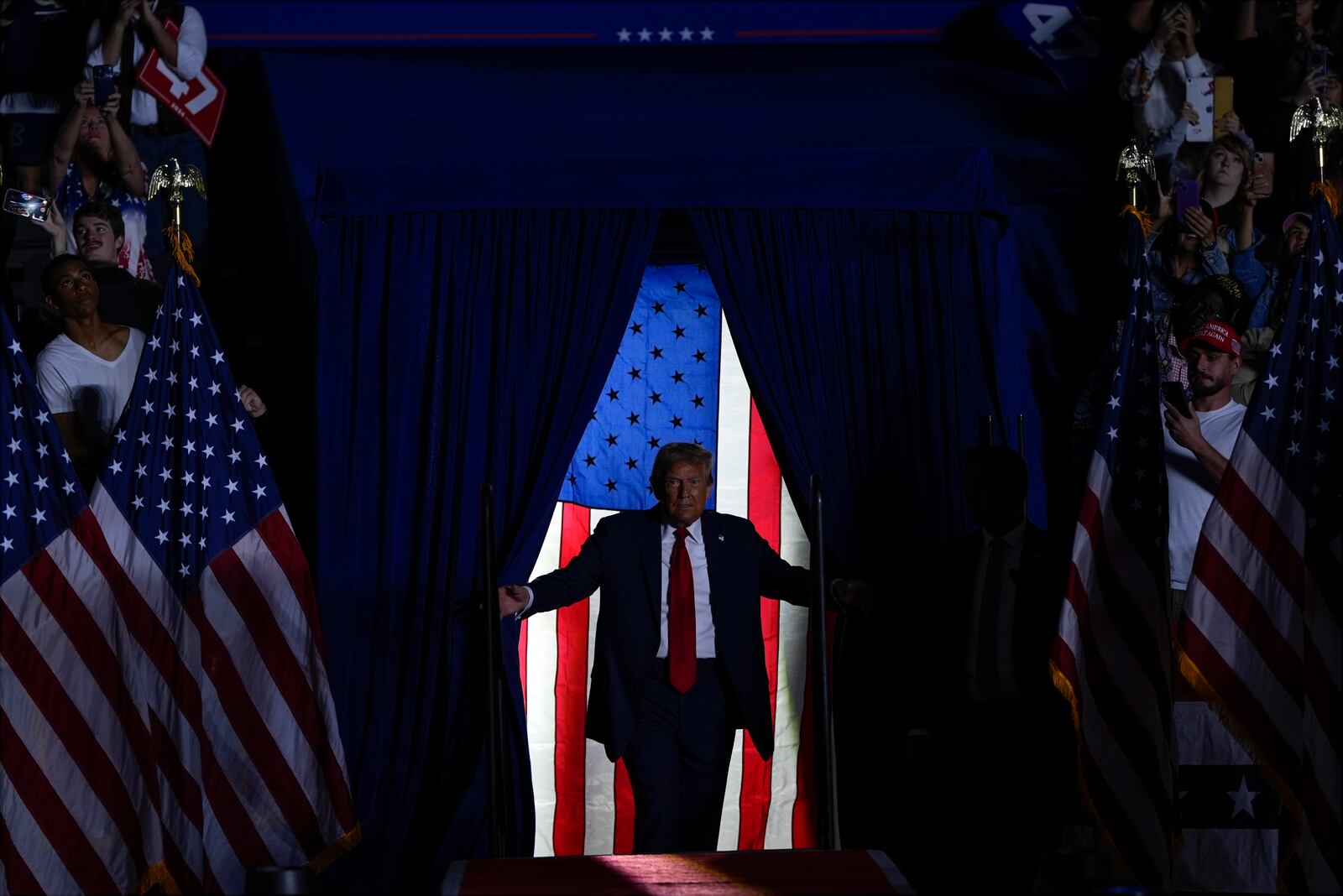 Republican presidential nominee former President Donald Trump arrives at a campaign rally at McCamish Pavilion Monday, Oct. 28, 2024, in Atlanta, Ga. (AP Photo/Julia Demaree Nikhinson)