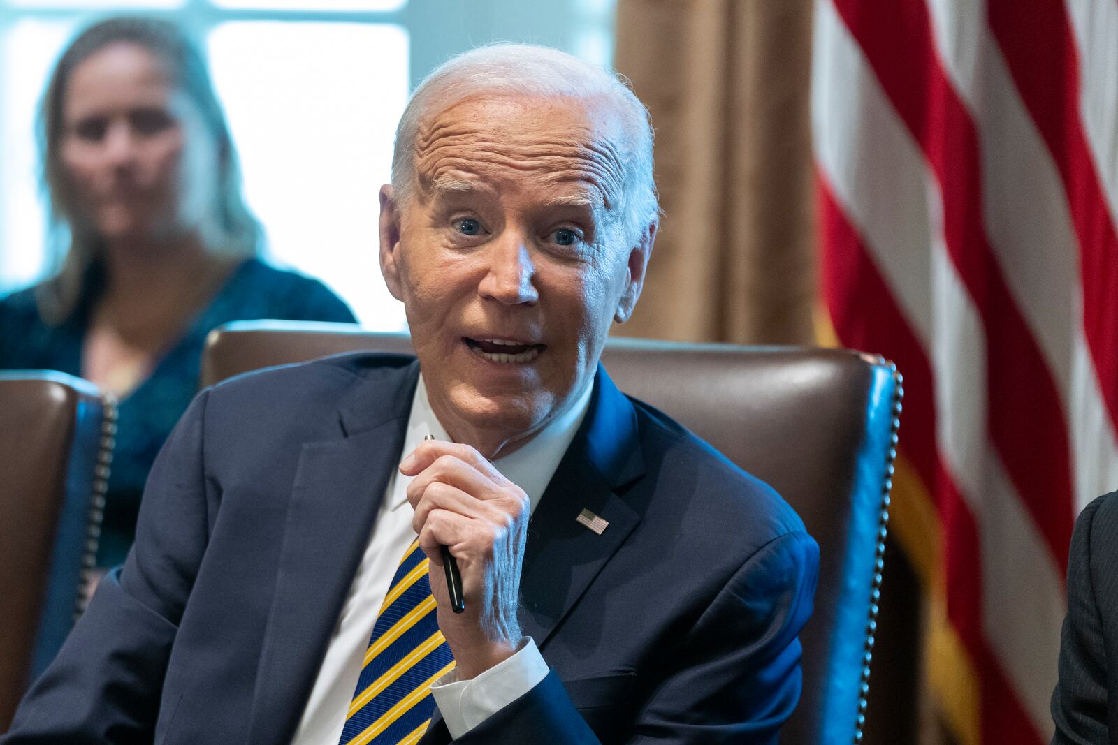 President Joe Biden speaks during a meeting with the members of his cabinet and first lady Jill Biden, in the Cabinet Room of the White House, Friday, Sept. 20, 2024. (AP Photo/Manuel Balce Ceneta)