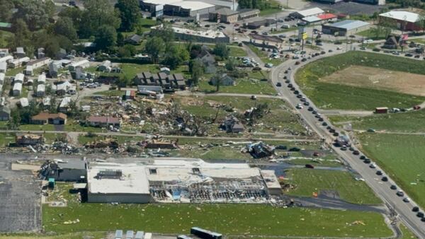 This aerial photo provided by London, KY Mayor Randall Weddle shows damage from severe weather in London, Ky., on Saturday, May 17, 2025. (City of London, Ky. via AP)
