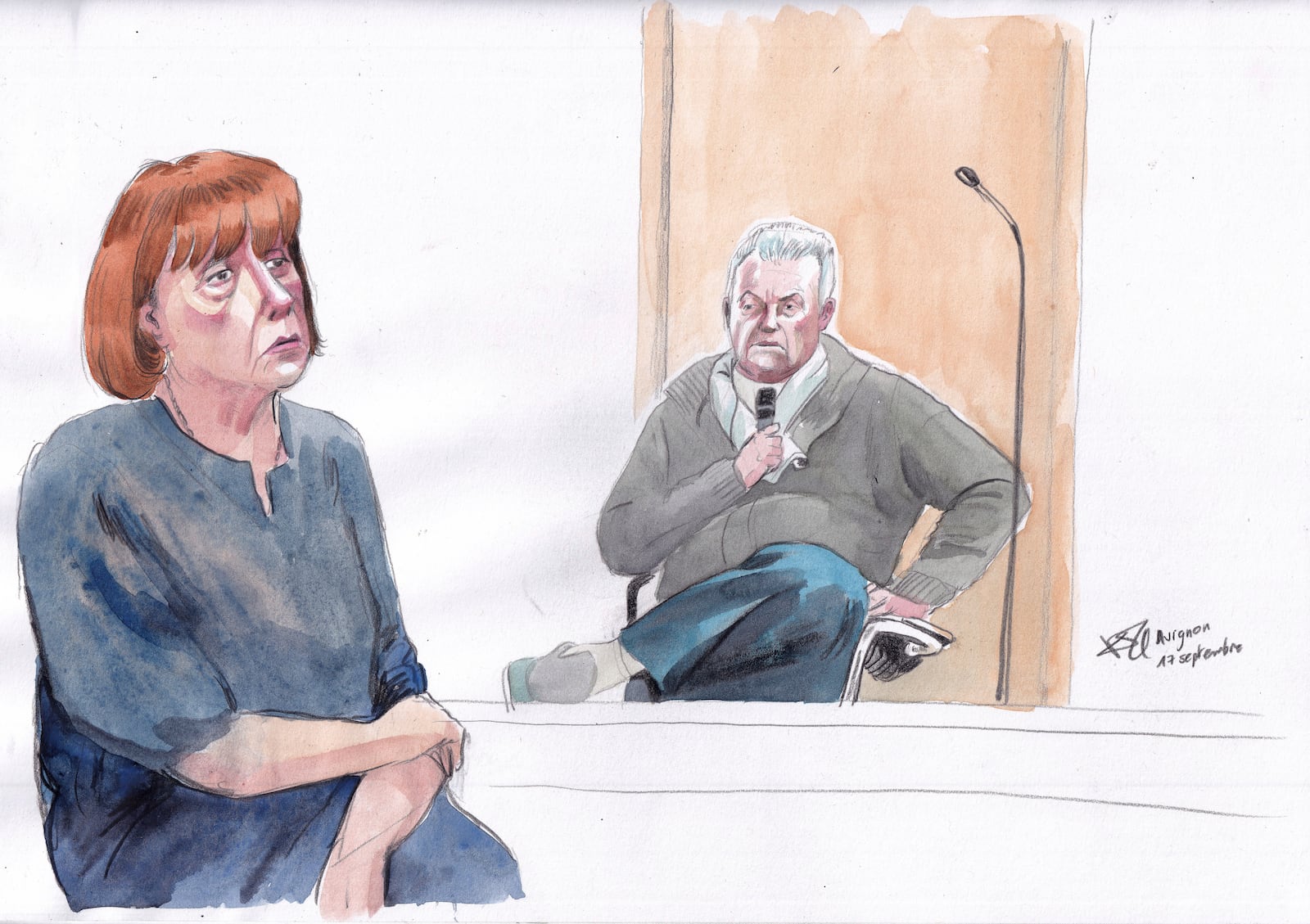 FILE - This courtroom sketch by Valentin Pasquier shows Gisèle Pelicot, left, and her ex-husband Dominique Pelicot, right, during his trial, at the Avignon court house, in Avignon, southern France, on Sept. 17, 2024. (AP Photo/Valentin Pasquier, File)