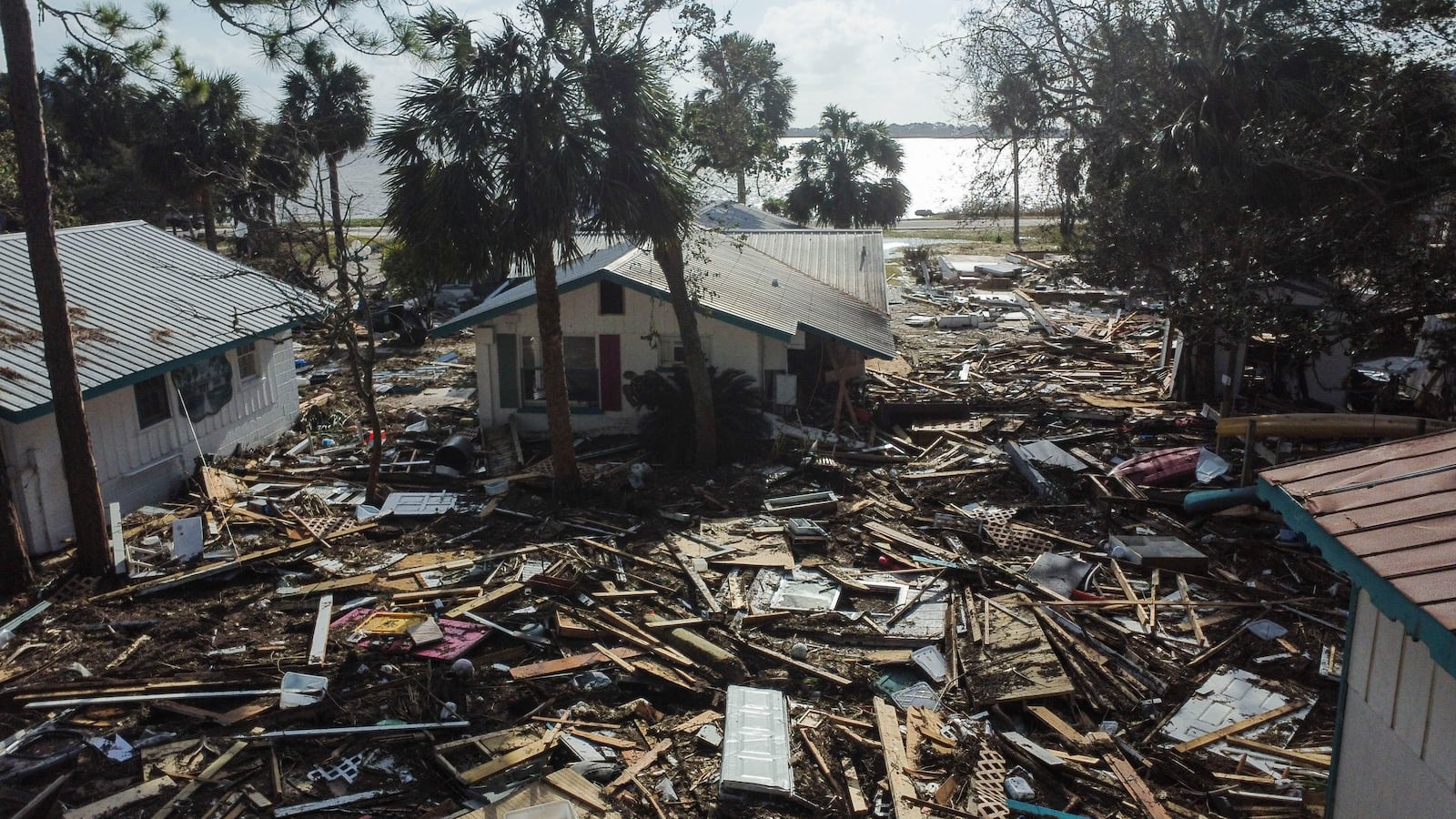 Destruction to the Faraway Inn Cottages and Motel is seen in the aftermath of Hurricane Helene, in Cedar Key, Fla., Friday, Sept. 27, 2024. (AP Photo/Stephen Smith)