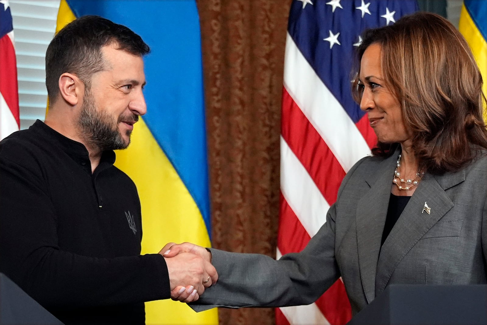 FILE - Vice President Kamala Harris meets with Ukraine's President Volodymyr Zelenskyy, on Sept. 26, 2024, in the vice president's ceremonial office inside the Eisenhower Executive Office Building on the White House complex in Washington. (AP Photo/Jacquelyn Martin, File)