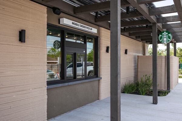 A view of the exterior shows a 3D printed Starbucks building Monday, April 28, 2025, in Brownsville, Texas. (AP Photo/Michael Gonzalez)