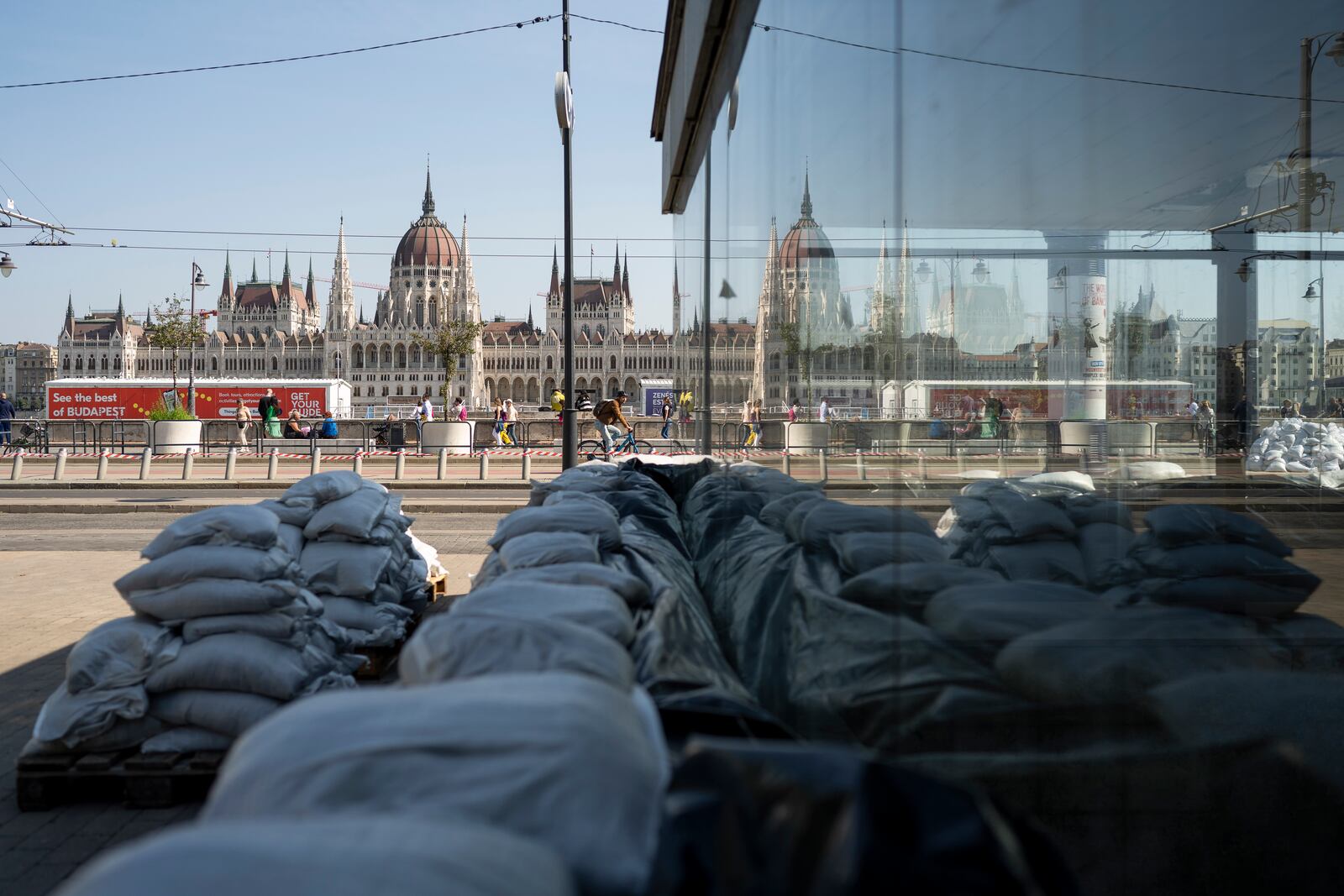 The reflection of the Parliament building seen in the metro station protected by sandbags after the Danube river floods it's banks, central Budapest, Hungary, Thursday, Sept. 19, 2024. (AP Photo/Denes Erdos)