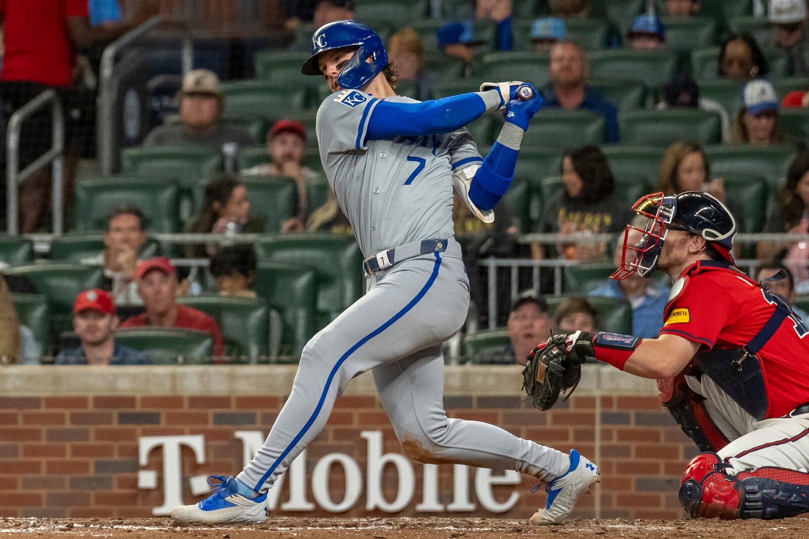 Kansas City Royals' Bobby Witt Jr. swings and hits a ball foul in the seventh inning of a baseball game against the Kansas City Royals, Friday, Sept. 27, 2024, in Atlanta. (AP Photo/Jason Allen)