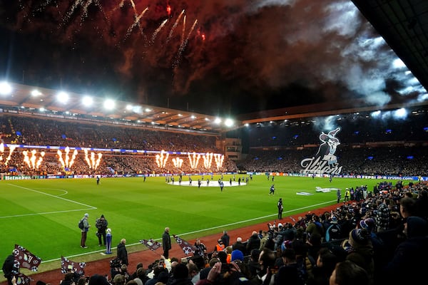 A general view as pyrotechnics are set off during pre-match entertainment before the Champions League opening phase soccer match between Astin Villa and Juventus at Villa Park in Birmingham, England, Wednesday, Nov. 27, 2024. (David Davies/PA via AP)