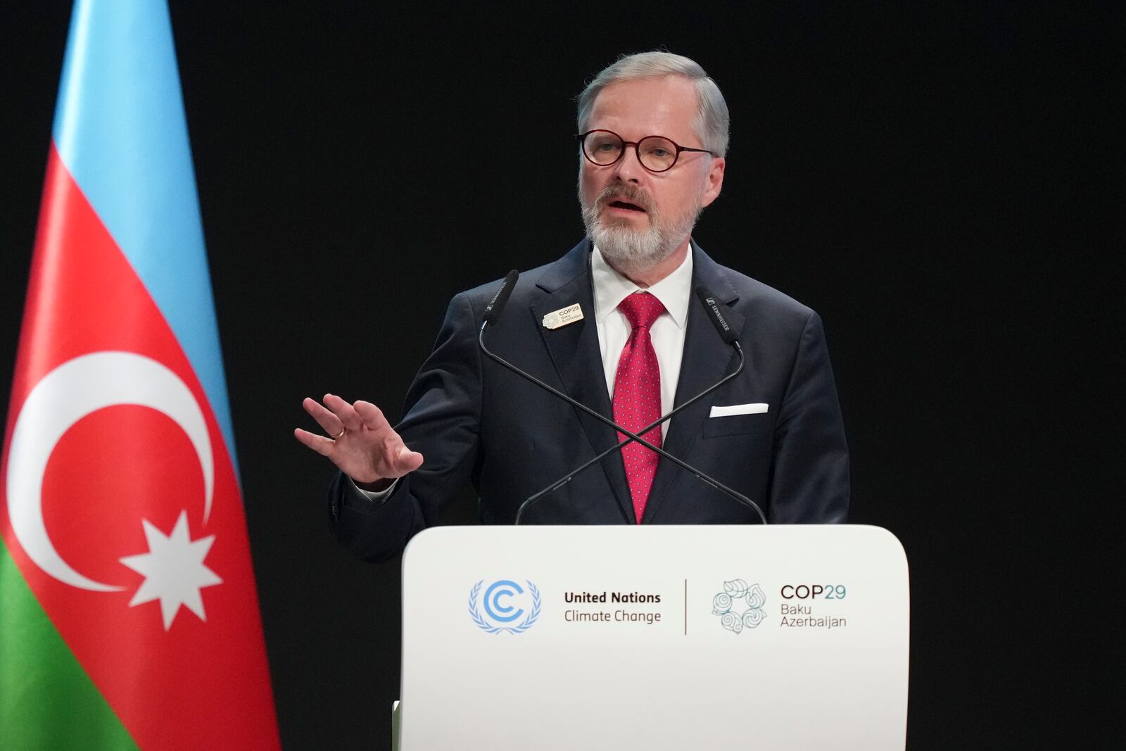 Czech Republic Prime Minister Petr Fiala speaks during a plenary session at the COP29 U.N. Climate Summit, Wednesday, Nov. 13, 2024, in Baku, Azerbaijan. (AP Photo/Sergei Grits)