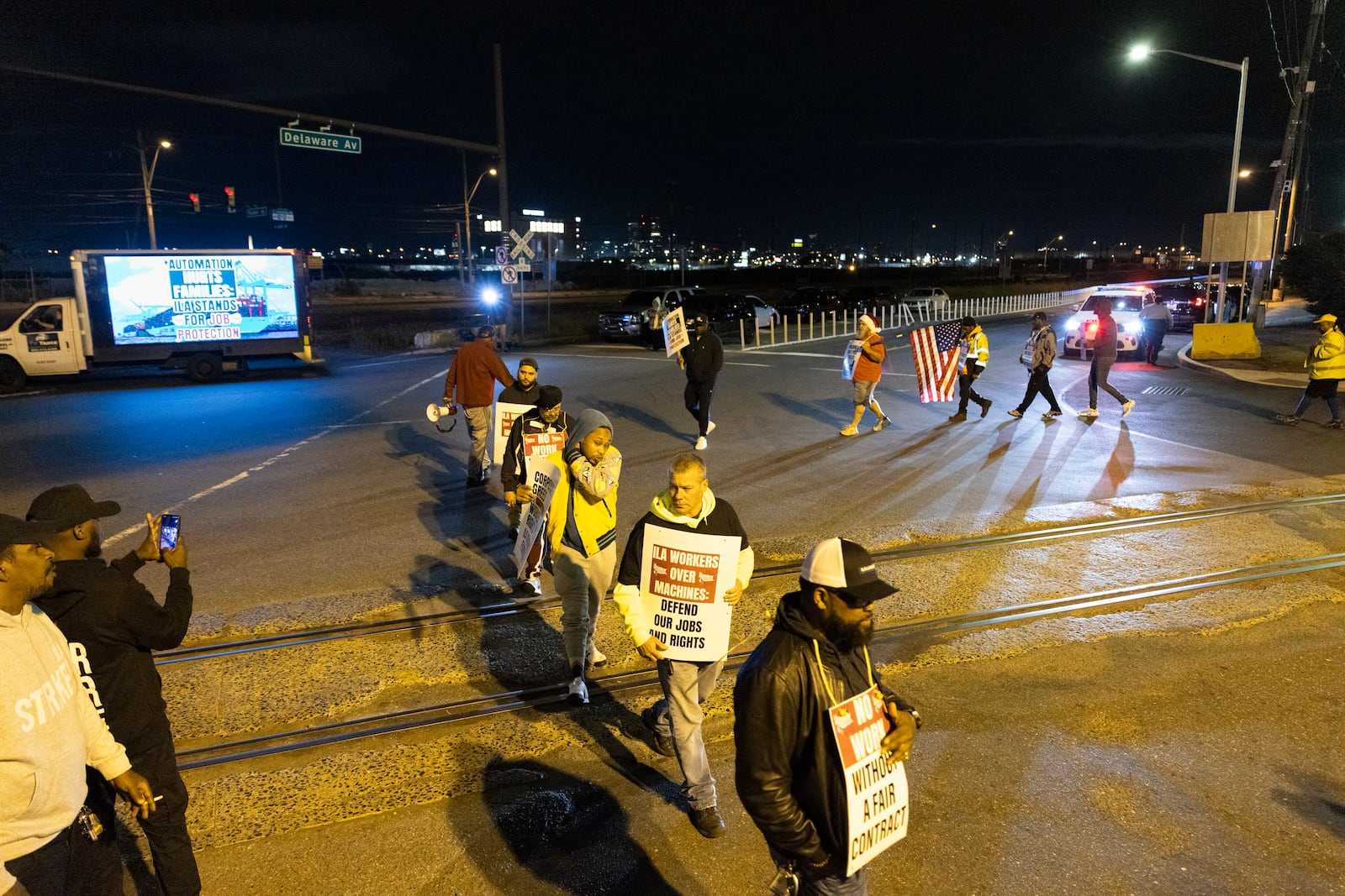 Striking Philadelphia longshoremen picket outside the Packer Avenue Marine Terminal Port, Tuesday, Oct. 1, 2024. (AP Photo/Ryan Collerd)