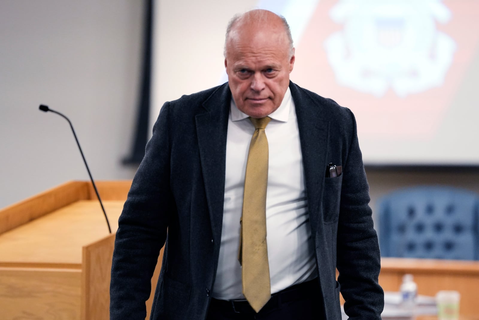 Fred Hagan leaves the chambers after testifying at the Titan marine board of investigation hearing inside the Charleston County Council Chambers, Friday, Sept. 20, 2024, in North Charleston, S.C. (Corey Connor via AP, Pool)