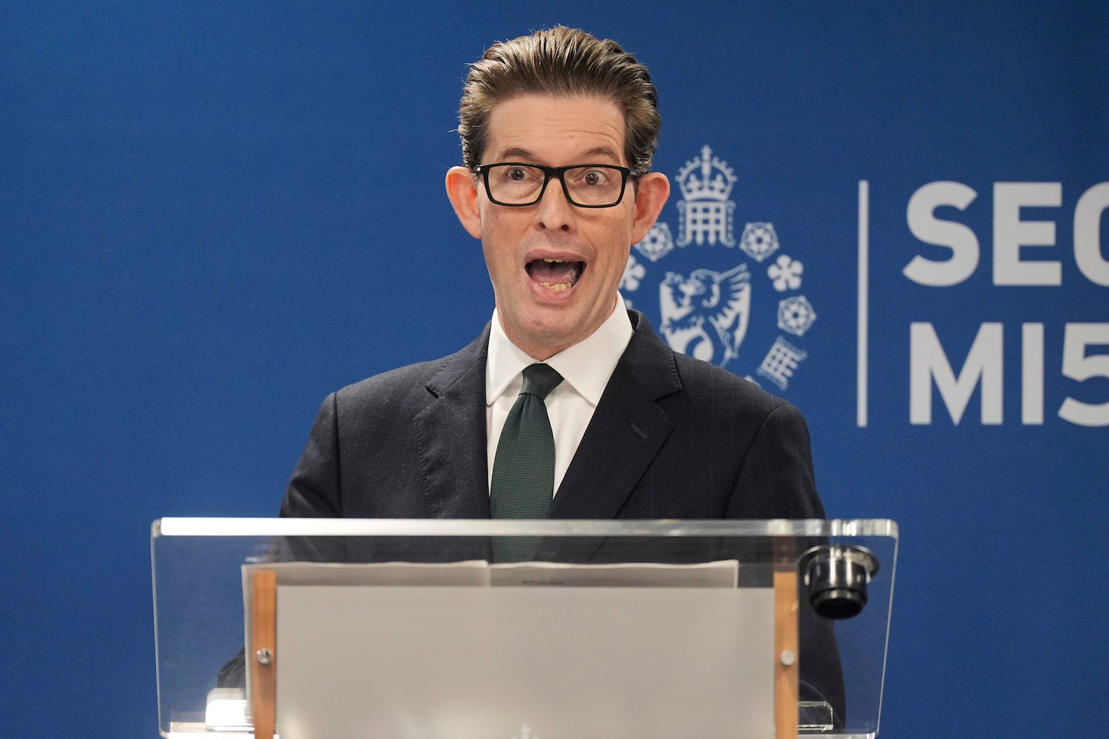 Ken McCallum, Director General of MI5, delivers the annual Director General's speech at Counter Terrorism Operations Centre in west London, Tuesday Oct. 8, 2024. (Yui Mok/PA via AP)