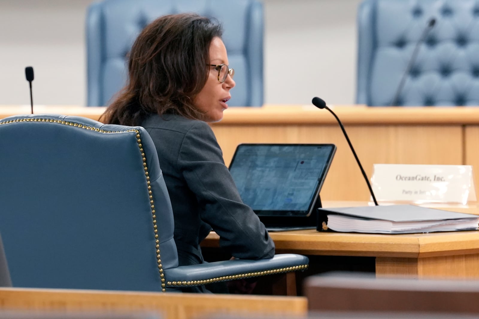 Attorney Jane Schvets asks a question during the Titan marine board of investigation hearing inside the Charleston County Council Chambers, Friday, Sept. 20, 2024, in North Charleston, S.C. (Corey Connor via AP, Pool)