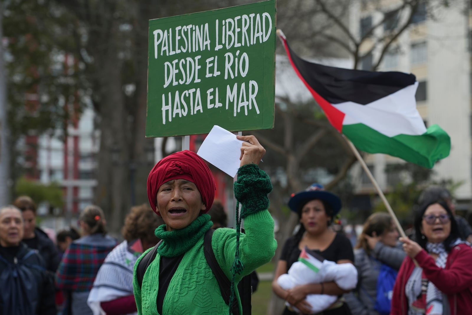 A pro-Palestinian demonstrator holds a sign that reads in Spanish, "Freedom for Palestine, from the river to the sea," during a march in Lima, Peru, Monday, Oct. 7, 2024. (AP Photo/Guadalupe Pardo)