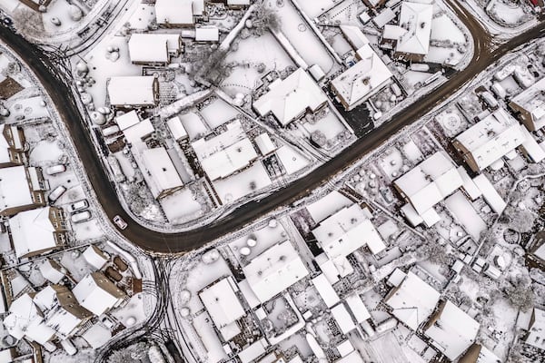 An aerial view of the snow in Holmfirth, west Yorkshire, Tuesday Nov. 19, 2024. (Danny Lawson/PA via AP)