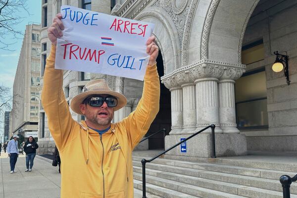 FILE - People gather to demonstrate the arrest of Judge Hannah Dugan, outside the Federal courthouse in Milwaukee, April 25, 2025. (AP Photo/Devi Shastri, File)