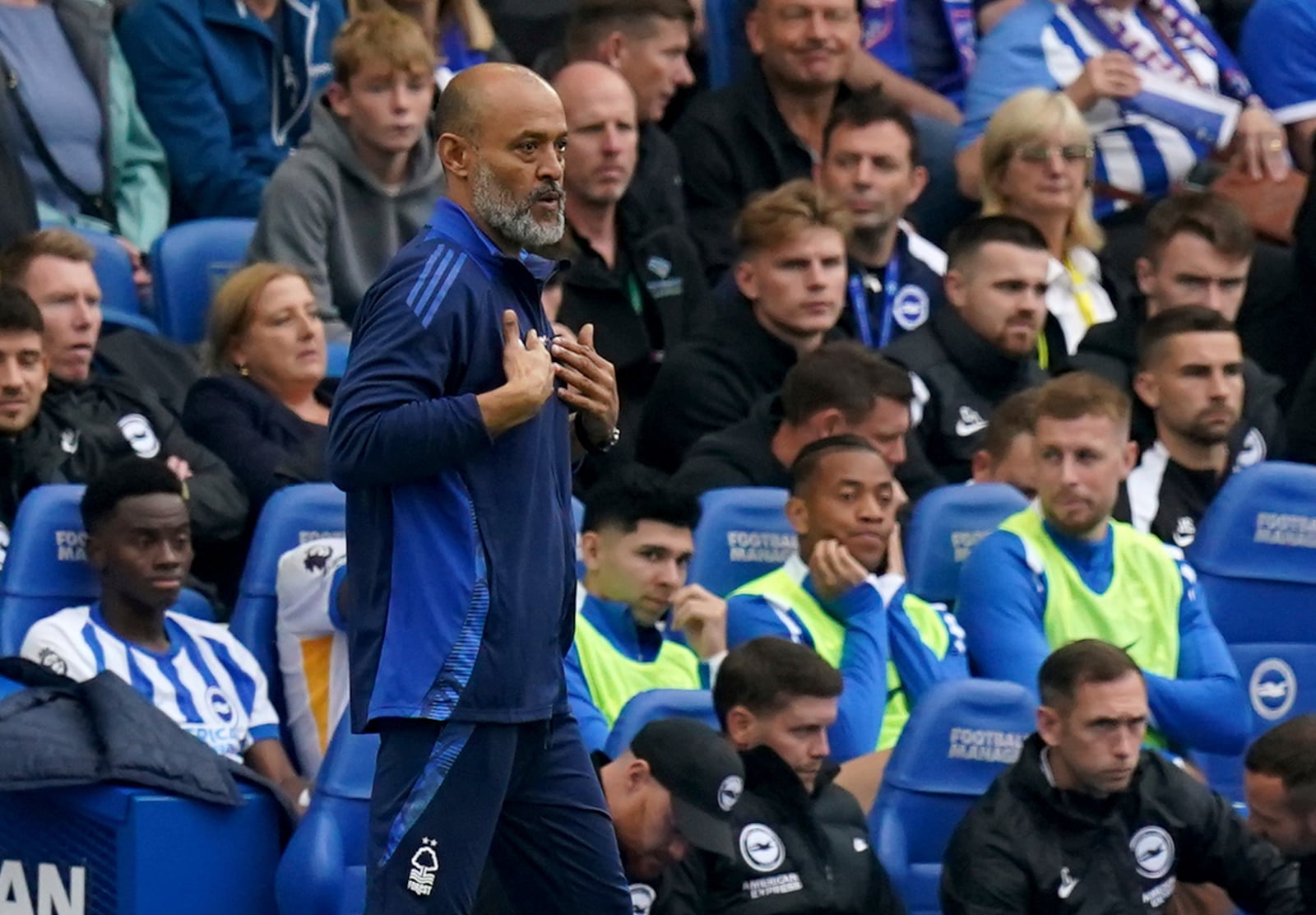 Nottingham Forest manager Nuno Espirito Santo gestures, during the English Premier League soccer match between Brighton and Nottingham Forest, at the American Express Stadium, in Brighton and Hove, England, Sunday, Sept. 22, 2024. (Gareth Fuller/PA via AP)