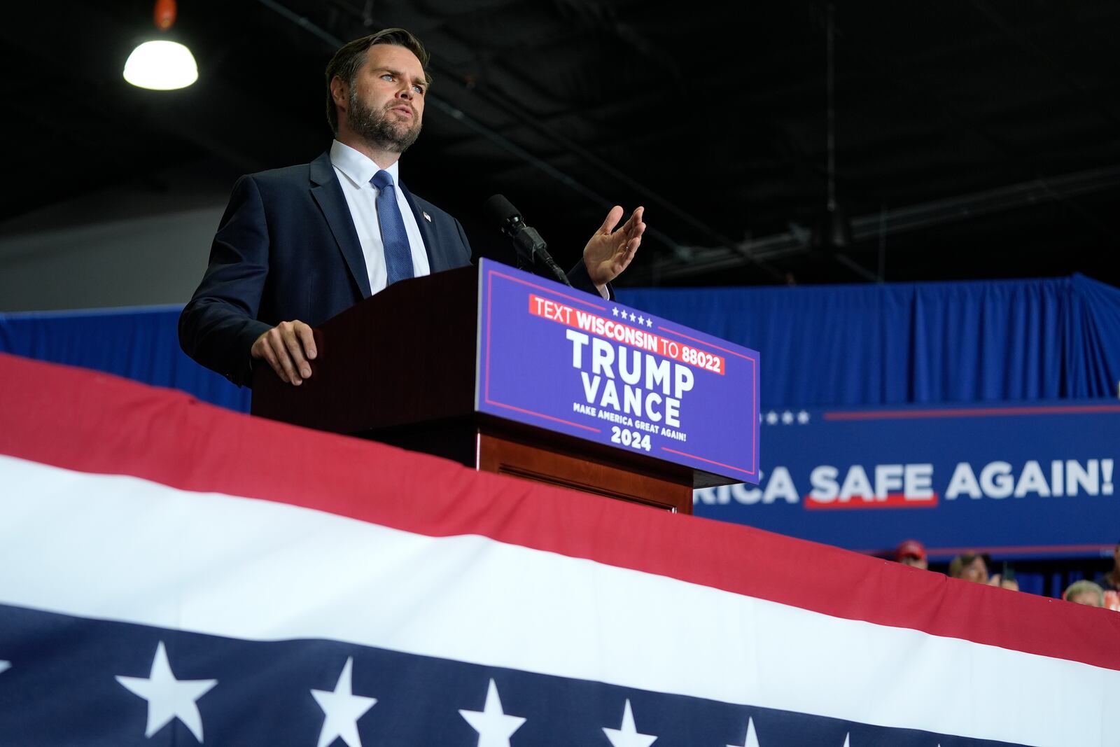 Republican vice presidential nominee Sen. JD Vance, R-Ohio, speaks at a campaign event, Tuesday, Sept. 17, 2024 in Eau Claire, Wis. (AP Photo/Abbie Parr)