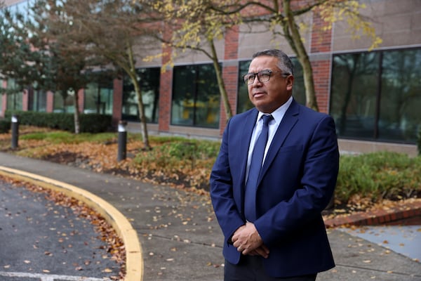 Gustavo Balderas, superintendent of Beaverton School District, stands for a photo outside of the Beaverton school district administrative office in Beaverton, Ore., Monday, Nov. 25, 2024. (AP Photo/Amanda Loman)