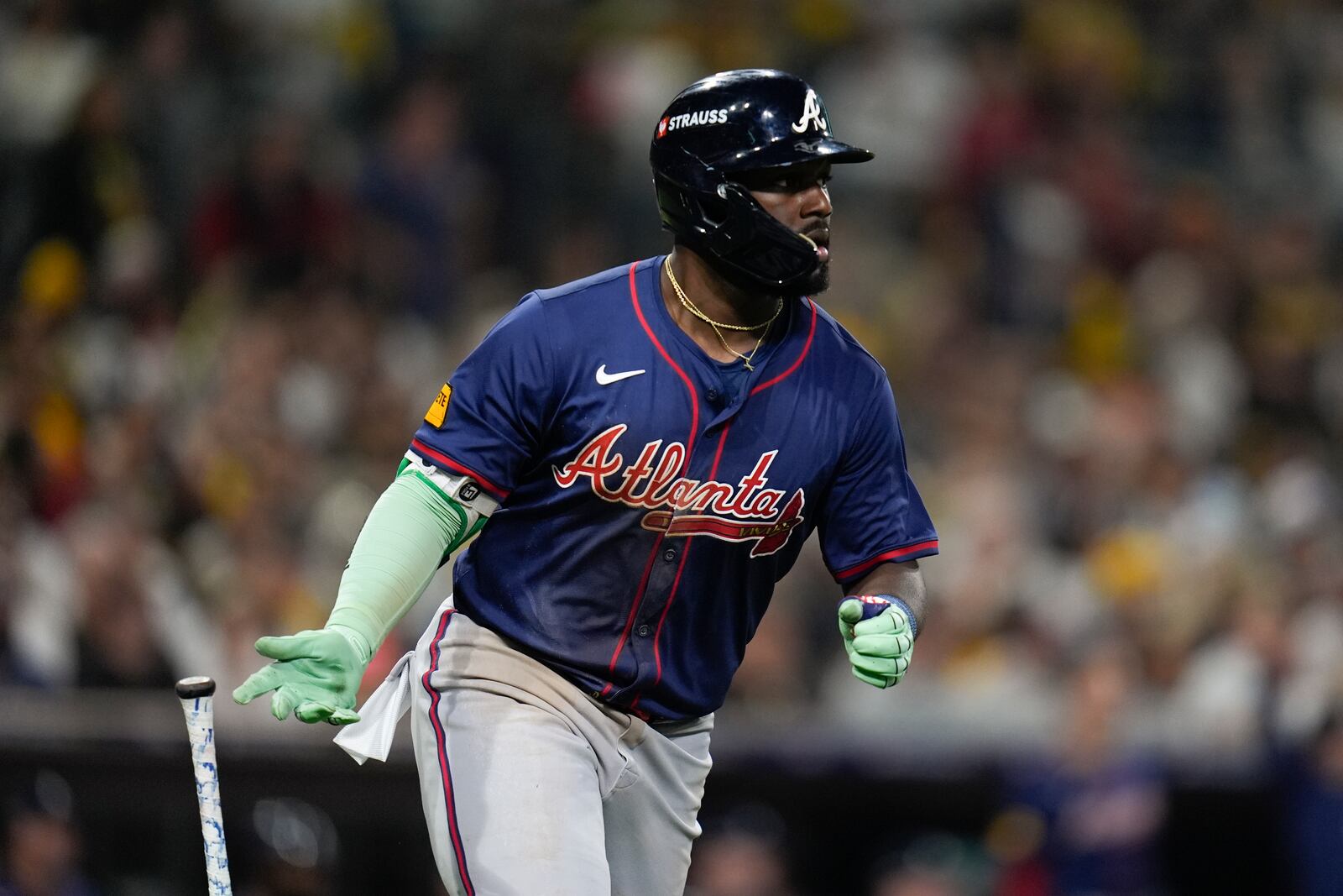 Atlanta Braves' Michael Harris II drops his bat as he hits a two-run home run during the eighth inning in Game 2 of an NL Wild Card Series baseball game Wednesday, Oct. 2, 2024, in San Diego. (AP Photo/Gregory Bull)