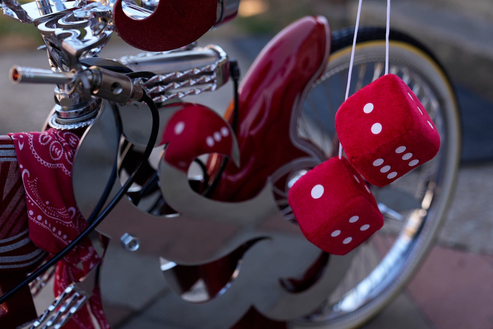 Details of the lowrider bike custom-built by Luis Martinez, 29, a member of the Uso Chicago Car Club, can be seen Saturday, Sept. 21, 2024, in Mishawaka, Ind. (AP Photo/Erin Hooley)