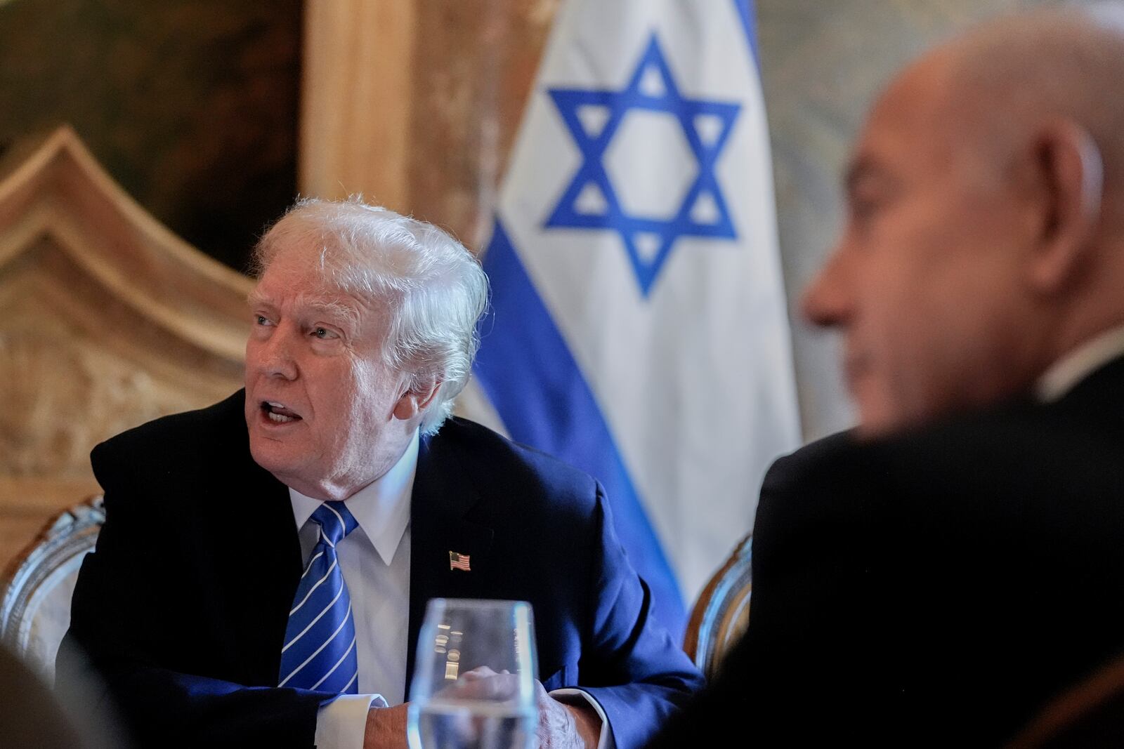 Republican presidential candidate former President Donald Trump meets with Israeli Prime Minister Benjamin Netanyahu at his Mar-a-Lago estate, Friday, July 26, 2024, in Palm Beach, Fla. (AP Photo/Alex Brandon)