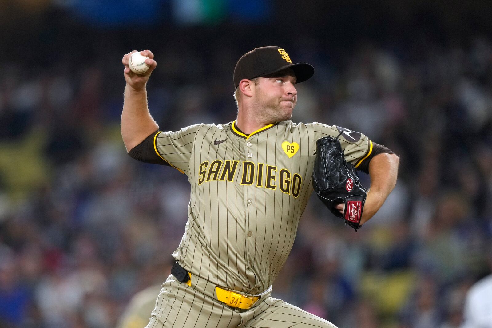 San Diego Padres starting pitcher Michael King throws to the plate during the first inning of a baseball game against the Los Angeles Dodgers, Tuesday, Sept. 24, 2024, in Los Angeles. (AP Photo/Mark J. Terrill)