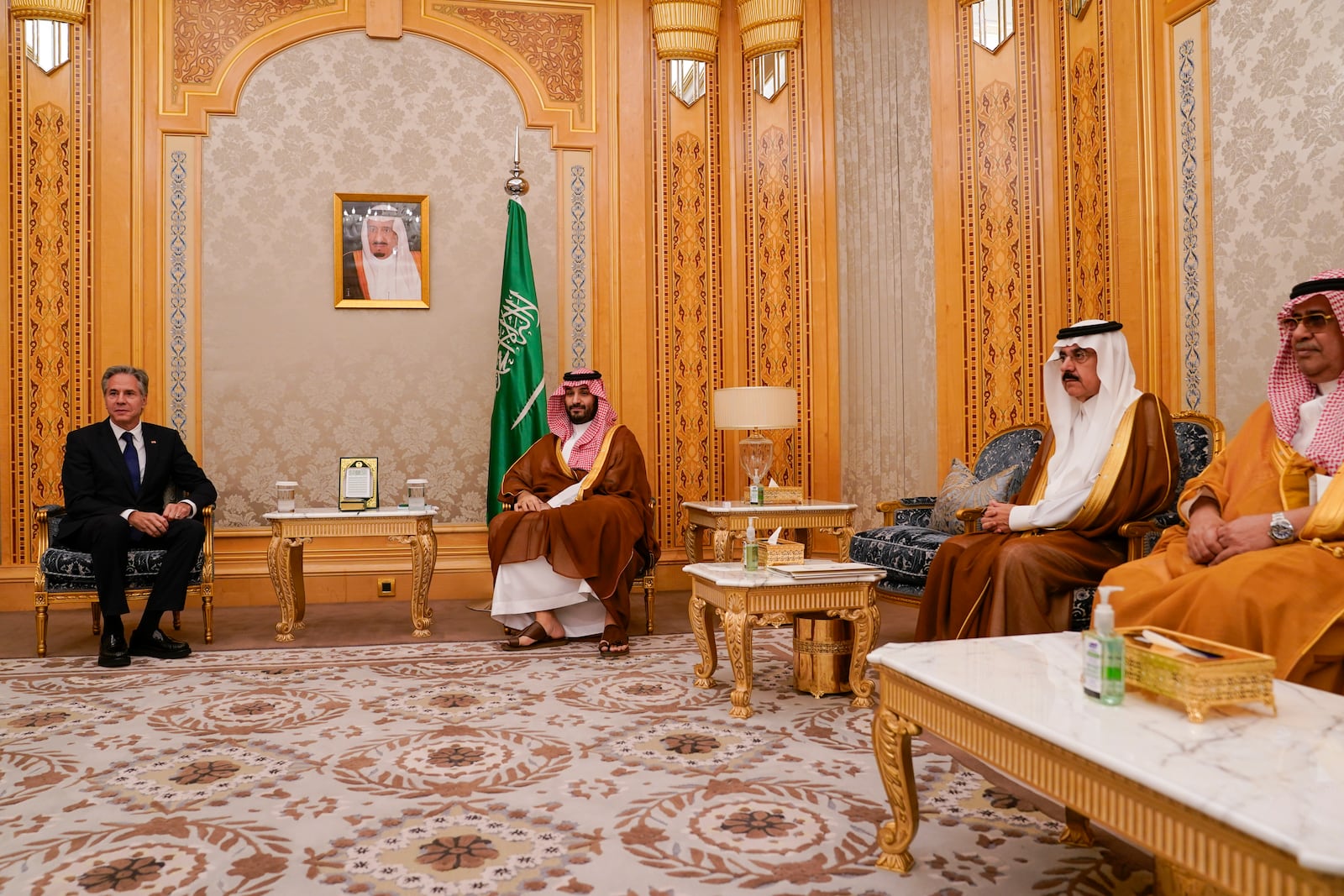 U.S. Secretary of State Antony Blinken, left, meets Saudi Crown Prince Mohammed bin Salman in Riyadh, Saudi Arabia, Wednesday Oct. 23, 2024. (Nathan Howard/Pool via AP)