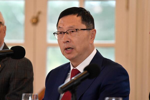 Dr. Shawn Qu, Chairman and CEO of Canadian Solar speaks during an announcement by Shelbyville Battery Manufacturing of a $712 million battery manufacturing project in Shelbyville, Ky., creating 1,572 skilled, high-tech jobs at the Governor's Mansion in Frankfort, Ky., Friday, Nov. 15, 2024. (AP Photo/Timothy D. Easley)