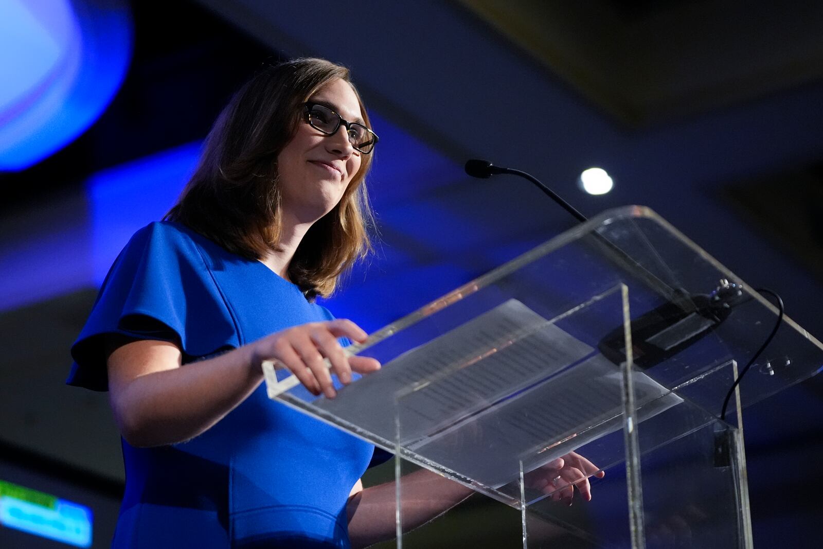 Sarah McBride, Democratic candidate for Delaware's at-large congressional district, speaks during an election night watch party Tuesday, Nov. 5, 2024, in Wilmington, Del. (AP Photo/Pamela Smith)