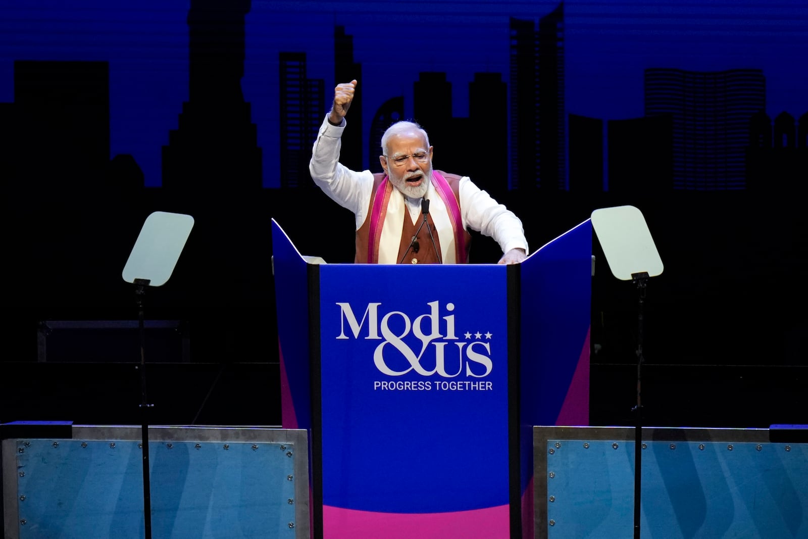 Narendra Modi, Prime Minister of India, speaks at an event in Uniondale, N.Y., Sunday, Sept. 22, 2024. (AP Photo/Seth Wenig)