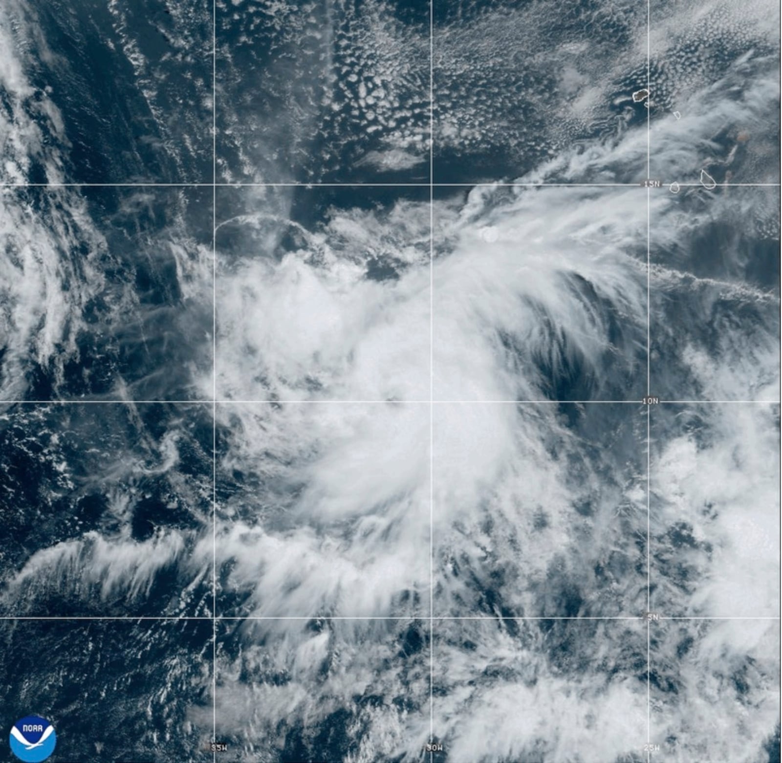 This Satellite image provided by NOAA shows Tropical Storm Leslie, Thursday, Oct. 3, 2024 in the Atlantic Ocean. (NOAA via AP)