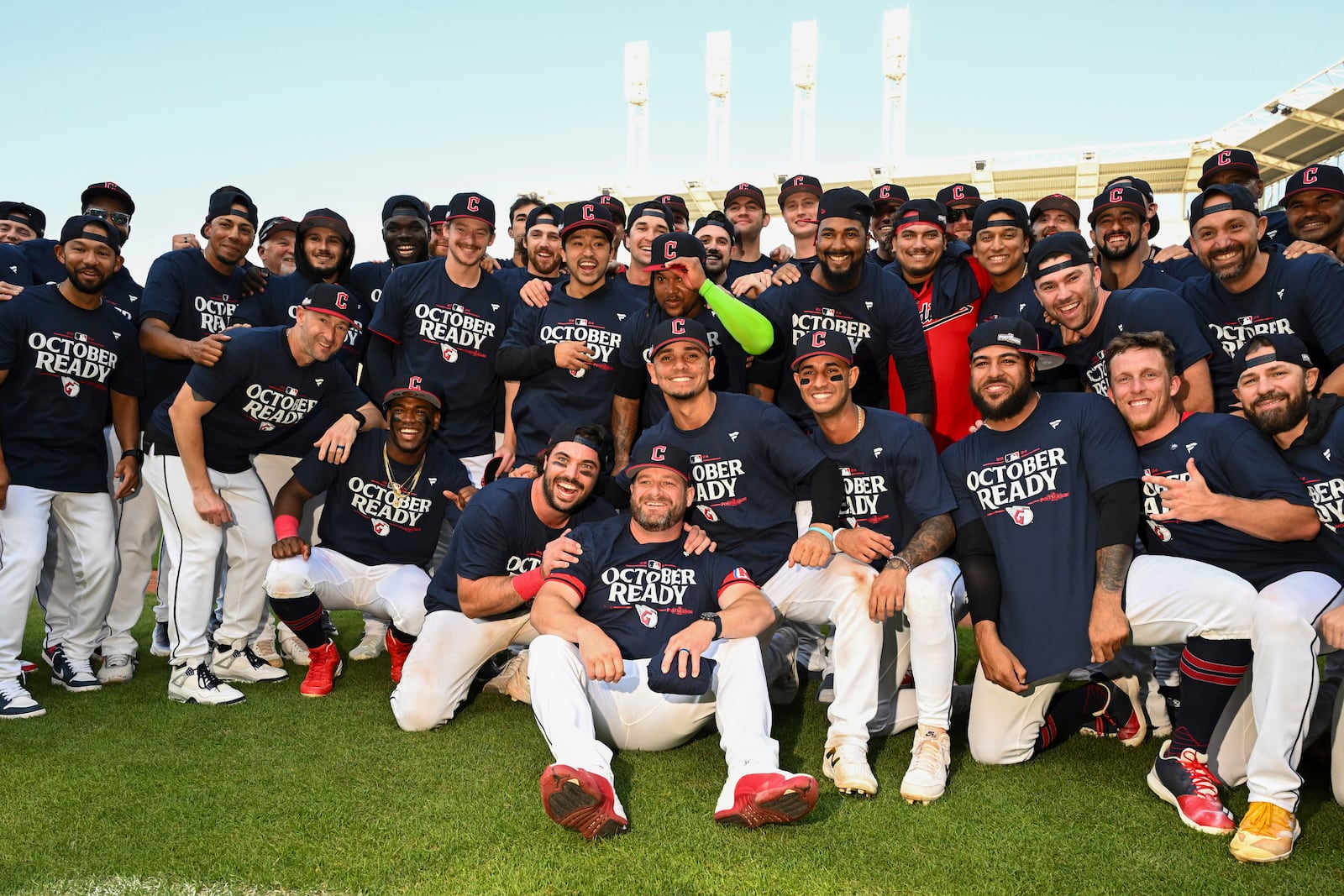 The Cleveland Guardians celebrate after their 10-inning win over the Minnesota Twins in a baseball game, Thursday, Sept. 19, 2024, in Cleveland. (AP Photo/Nick Cammett)