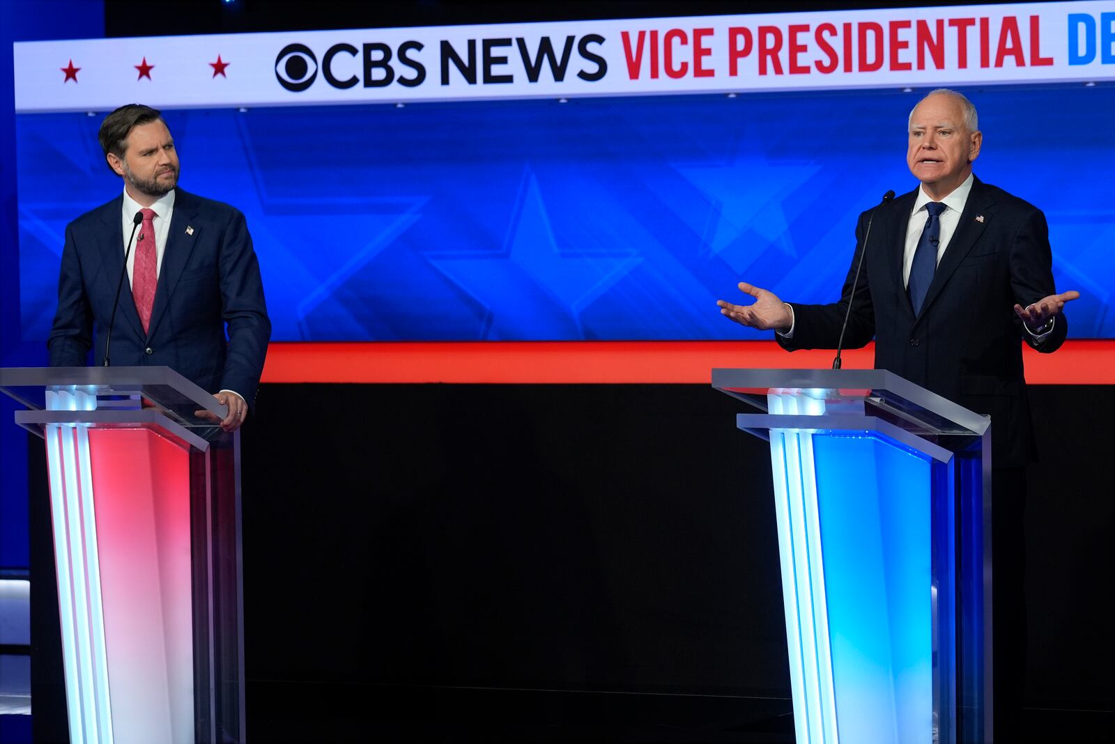 Democratic vice presidential nominee Minnesota Gov. Tim Walz speaks during a vice presidential debate hosted by CBS News, with Republican vice presidential nominee Sen. JD Vance, R-Ohio, Tuesday, Oct. 1, 2024, in New York. (AP Photo/Matt Rourke)