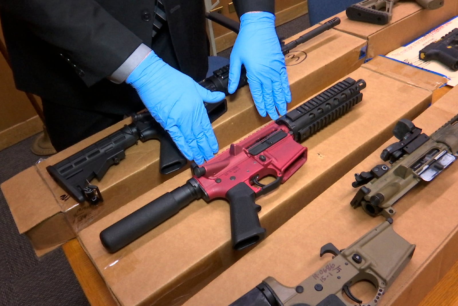 FILE — Ghost guns are displayed at the headquarters of the San Francisco Police Department, in San Francisco, Nov. 27, 2019. (AP Photo/Haven Daley, File)