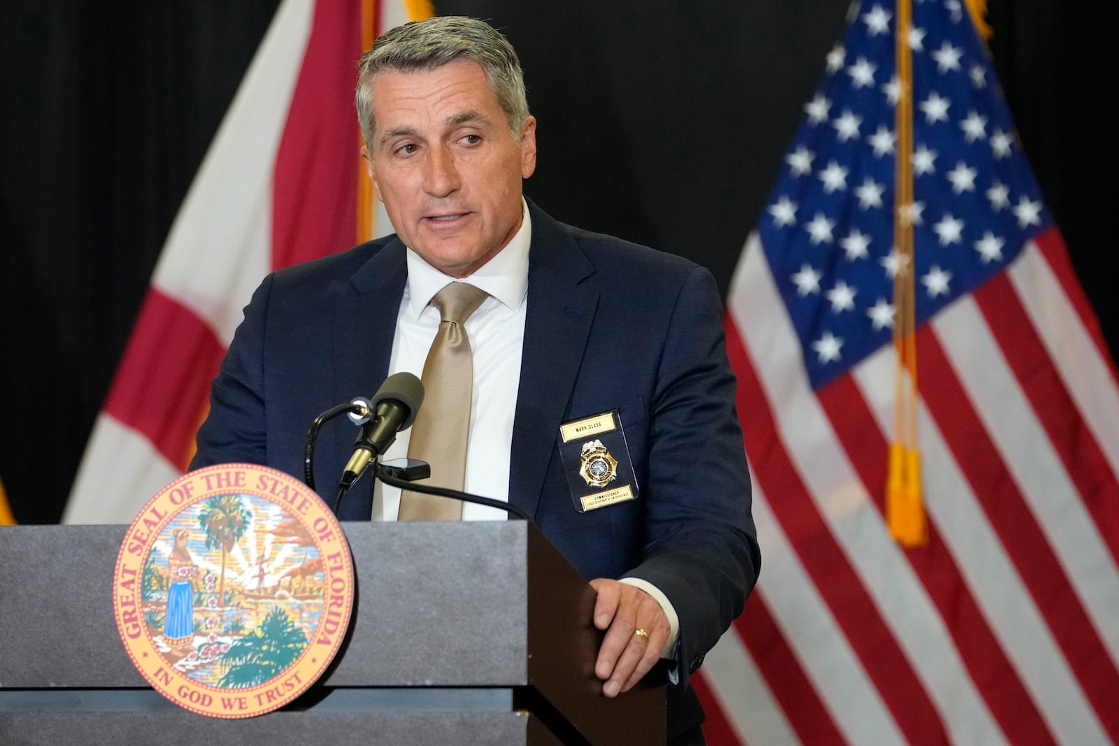 Florida Department of Law Enforcement Commissioner Mark Glass speaks during a news conference in the aftermath of the apparent assassination attempt of Republican presidential nominee and former President Donald Trump Tuesday, Sept. 17, 2024, in West Palm Beach, Fla. (AP Photo/Lynne Sladky)