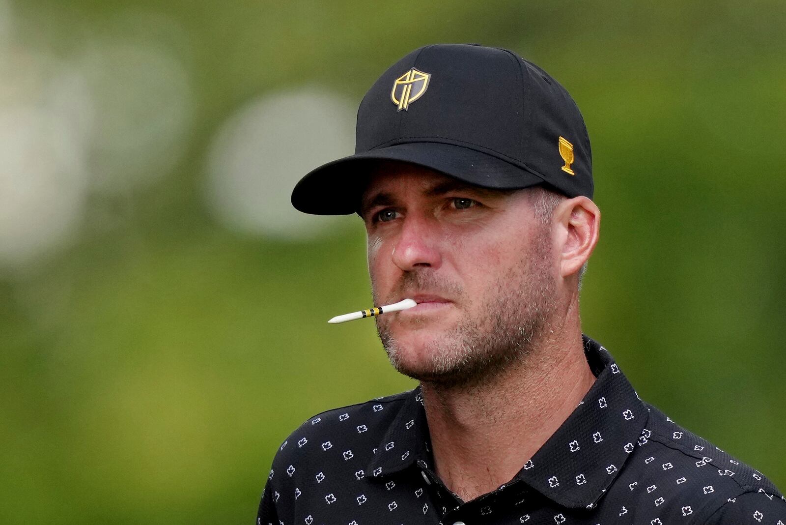 International team member Taylor Pendrith, of Canada, holds a tee in his mouth on the 14th hole during a first-round four-ball match at the Presidents Cup golf tournament at the Royal Montreal Golf Club in Montreal, Thursday, Sept. 26, 2024. (Nathan Denette/The Canadian Press via AP)