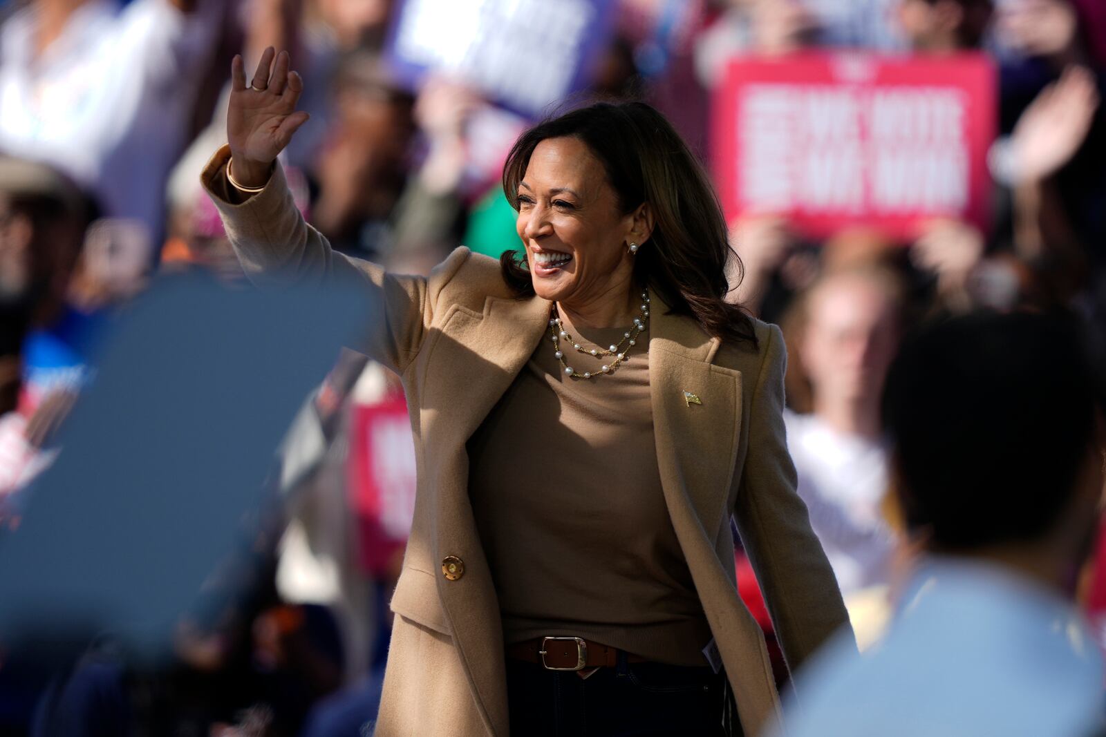 Democratic presidential nominee Vice President Kamala Harris arrives to speak during a campaign rally outside the Atlanta Civic Center, Saturday, Nov. 2, 2024. (AP Photo/Brynn Anderson)