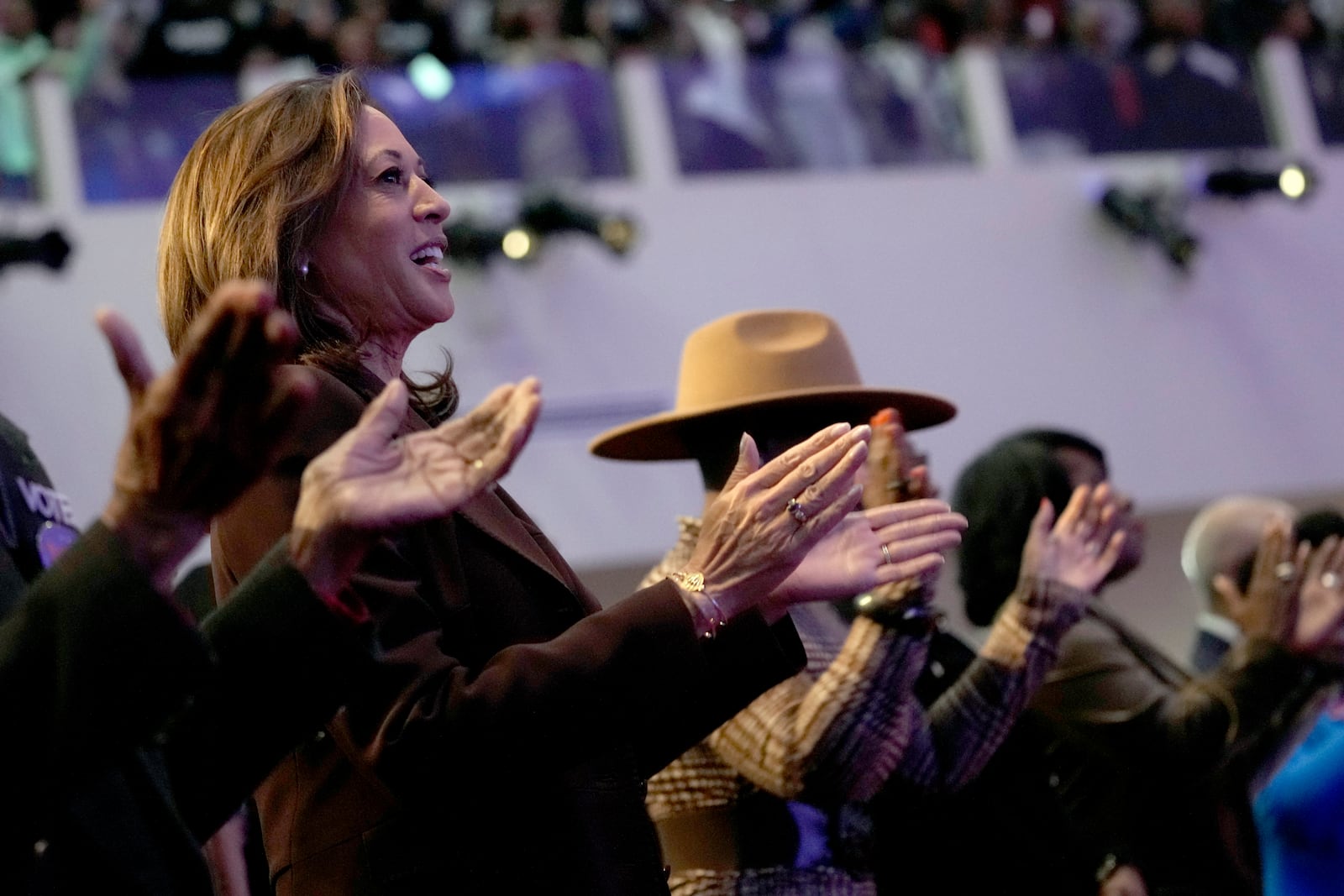 Democratic presidential nominee Vice President Kamala Harris attends a service at the Church of Christian Compassion, Sunday, Oct. 27, 2024, in Philadelphia. (AP Photo/Susan Walsh)