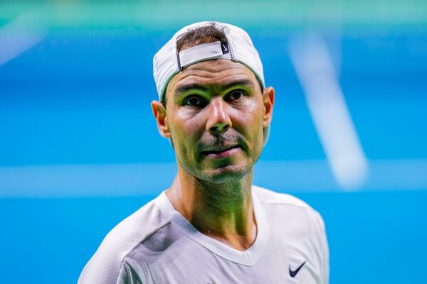 Spain's tennis player Rafael Nadal attends a training session in Malaga, southern Spain, on Tuesday, Nov. 19, 2024. (AP Photo/Manu Fernandez)