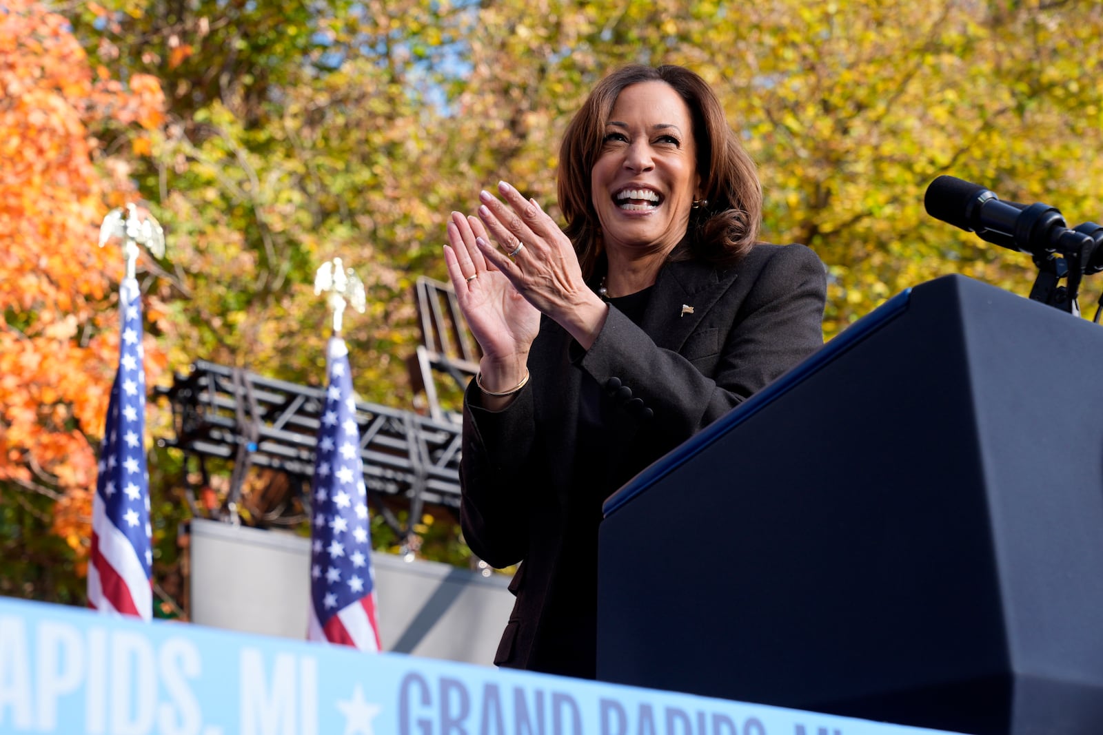 Democratic presidential nominee Vice President Kamala Harris speaks during a campaign event at Riverside Park in Grand Rapids, Mich., Friday, Oct. 18, 2024. (AP Photo/Jacquelyn Martin)