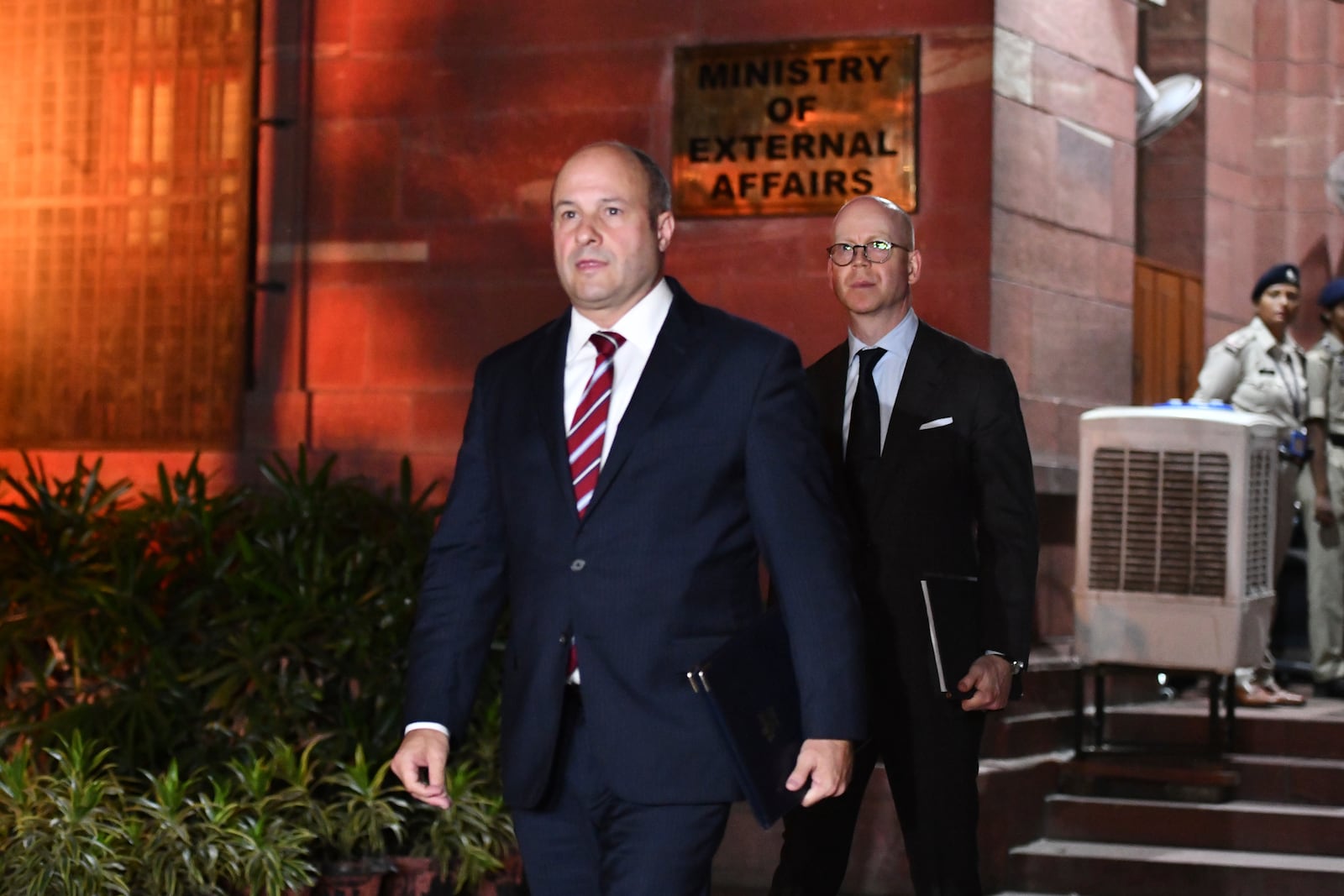 Canada's Deputy High Commissioner to India Stewart Wheeler, left, leaves after meeting with officials at the Indian government's Ministry of External Affairs, in New Delhi, India, Monday, Oct. 14, 2024. (AP Photo)